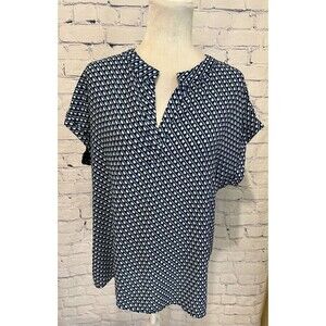 Pleione Blue, Black And White Split V-Neck Short Sleeve Polyester Blouse large
